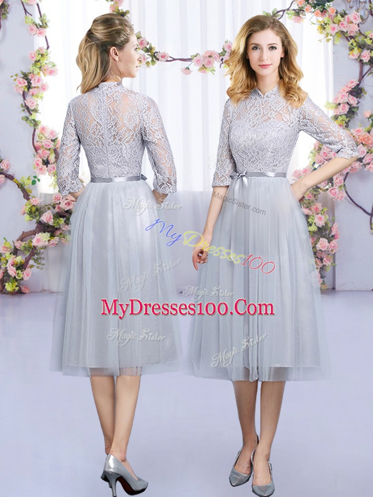 Grey Half Sleeves Tea Length Lace and Belt Zipper Bridesmaid Gown