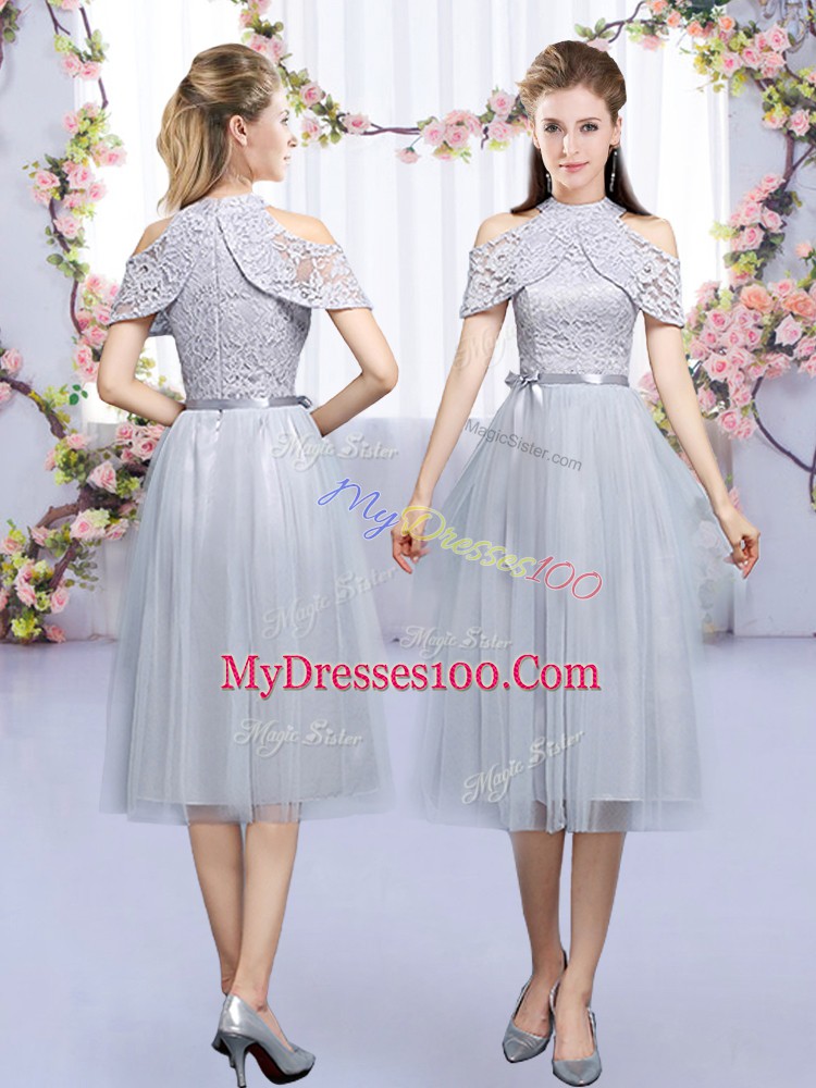 Grey Half Sleeves Tea Length Lace and Belt Zipper Bridesmaid Gown
