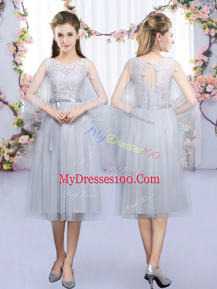 Grey Half Sleeves Tea Length Lace and Belt Zipper Bridesmaid Gown