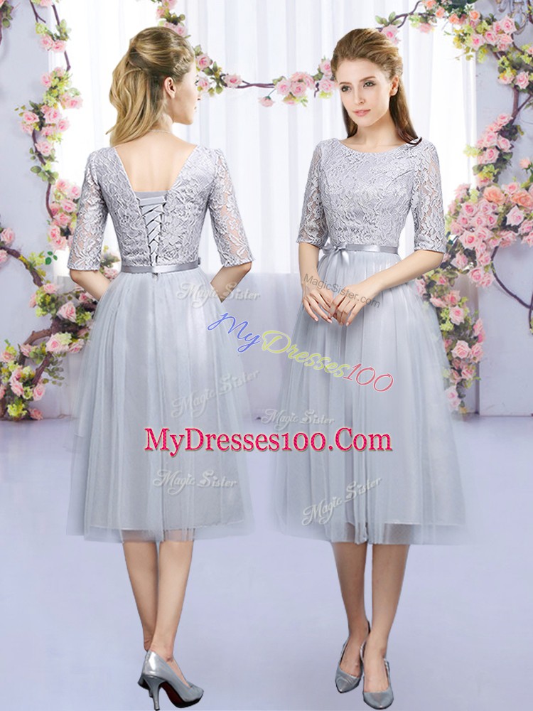 Grey Half Sleeves Tea Length Lace and Belt Zipper Bridesmaid Gown