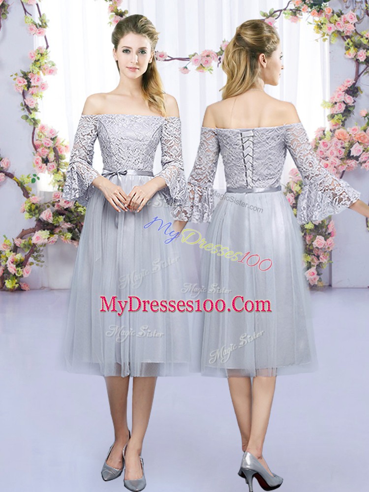 Grey Half Sleeves Tea Length Lace and Belt Zipper Bridesmaid Gown