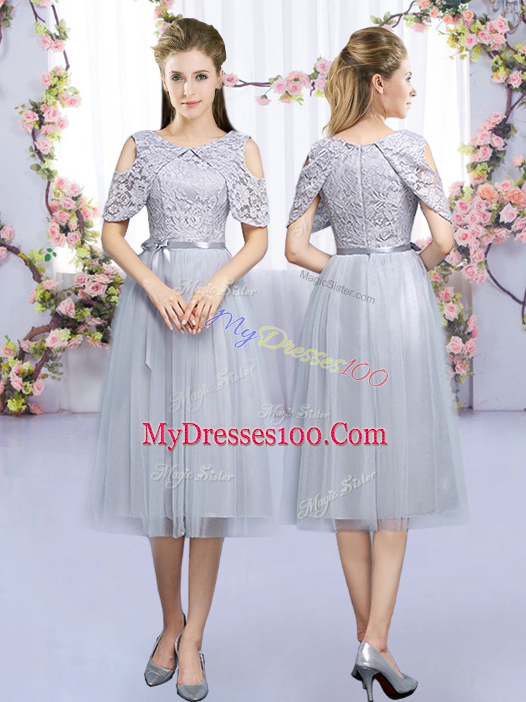 Grey Half Sleeves Tea Length Lace and Belt Zipper Bridesmaid Gown