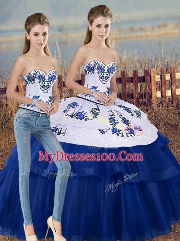 Two Pieces Quinceanera Gown Royal Blue Sweetheart Tulle Sleeveless Floor Length Lace Up