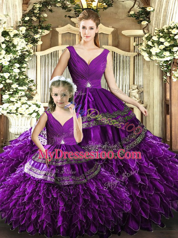 Sleeveless Backless Floor Length Beading and Embroidery and Ruffles Sweet 16 Dress