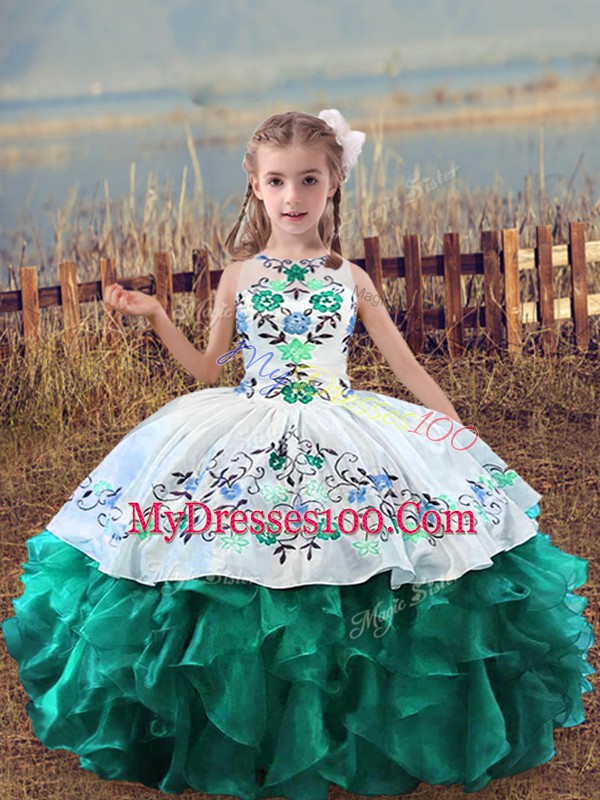 Turquoise Sleeveless Floor Length Embroidery and Ruffles Lace Up Child Pageant Dress