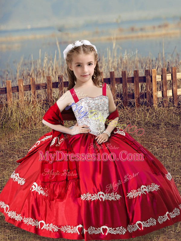 Coral Red Lace Up Little Girls Pageant Dress Beading and Embroidery Sleeveless Floor Length