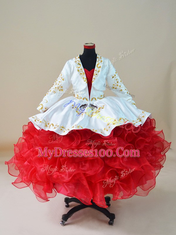 White And Red Sleeveless Floor Length Embroidery and Ruffles Lace Up Little Girl Pageant Dress