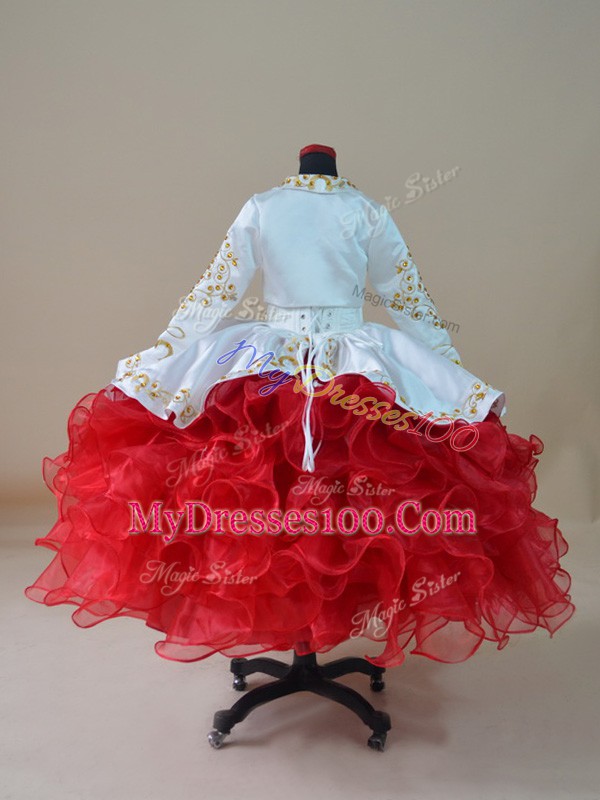 White And Red Sleeveless Floor Length Embroidery and Ruffles Lace Up Little Girl Pageant Dress