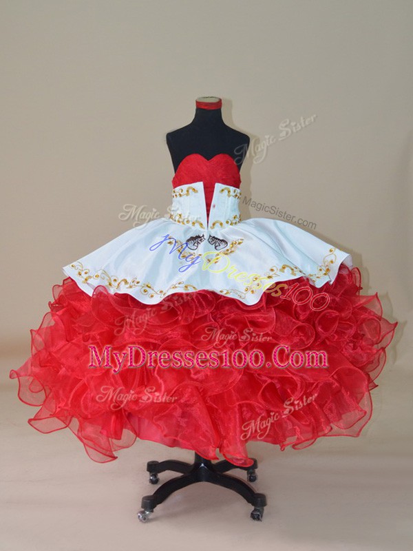 White And Red Sleeveless Floor Length Embroidery and Ruffles Lace Up Little Girl Pageant Dress