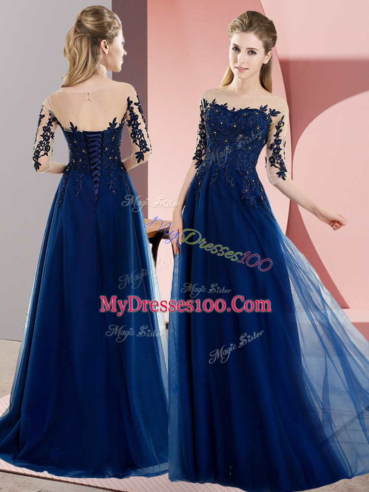 Graceful Navy Blue Half Sleeves Floor Length Beading and Lace Lace Up Wedding Party Dress