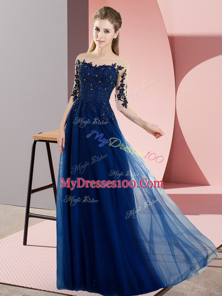 Graceful Navy Blue Half Sleeves Floor Length Beading and Lace Lace Up Wedding Party Dress