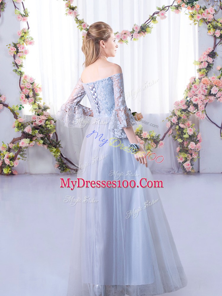 Grey 3 4 Length Sleeve Tulle Lace Up Dama Dress for Wedding Party