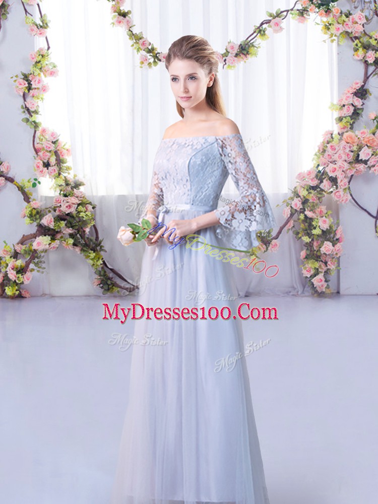 Grey 3 4 Length Sleeve Tulle Lace Up Dama Dress for Wedding Party