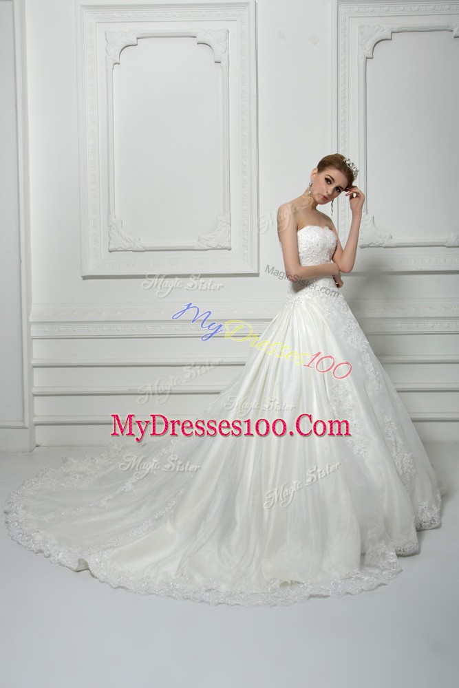 Artistic Court Train Ball Gowns Wedding Gowns White Sweetheart Tulle Sleeveless Lace Up