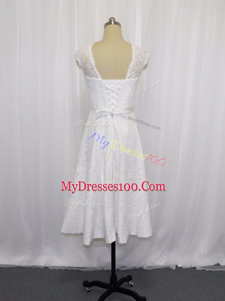 Fancy White Empire Scoop Sleeveless Lace Tea Length Lace Up Lace and Belt Wedding Dress