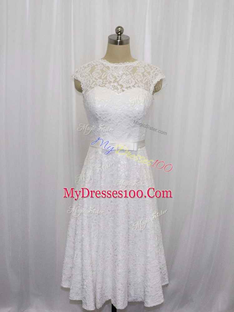 Fancy White Empire Scoop Sleeveless Lace Tea Length Lace Up Lace and Belt Wedding Dress