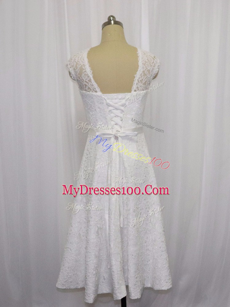 Fancy White Empire Scoop Sleeveless Lace Tea Length Lace Up Lace and Belt Wedding Dress