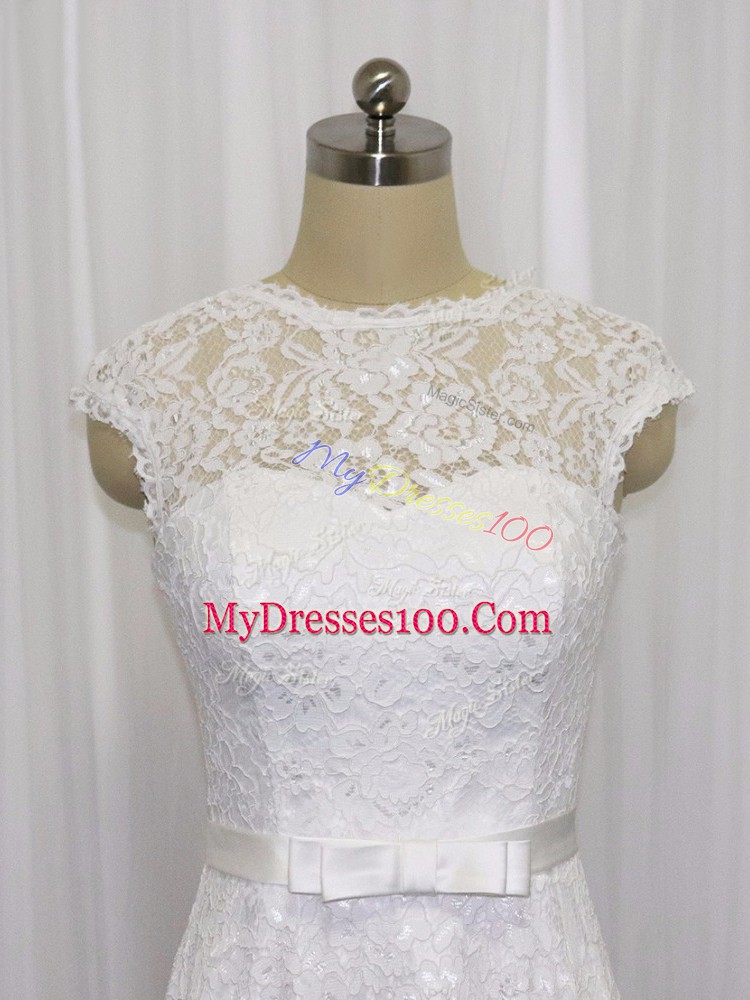 Fancy White Empire Scoop Sleeveless Lace Tea Length Lace Up Lace and Belt Wedding Dress