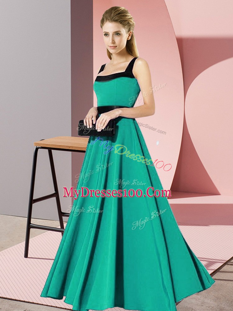 Cute Turquoise Empire Chiffon Square Sleeveless Belt Floor Length Zipper Dama Dress