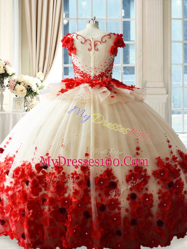 Glorious White And Red Scoop Zipper Hand Made Flower Bridesmaid Dresses Brush Train Sleeveless