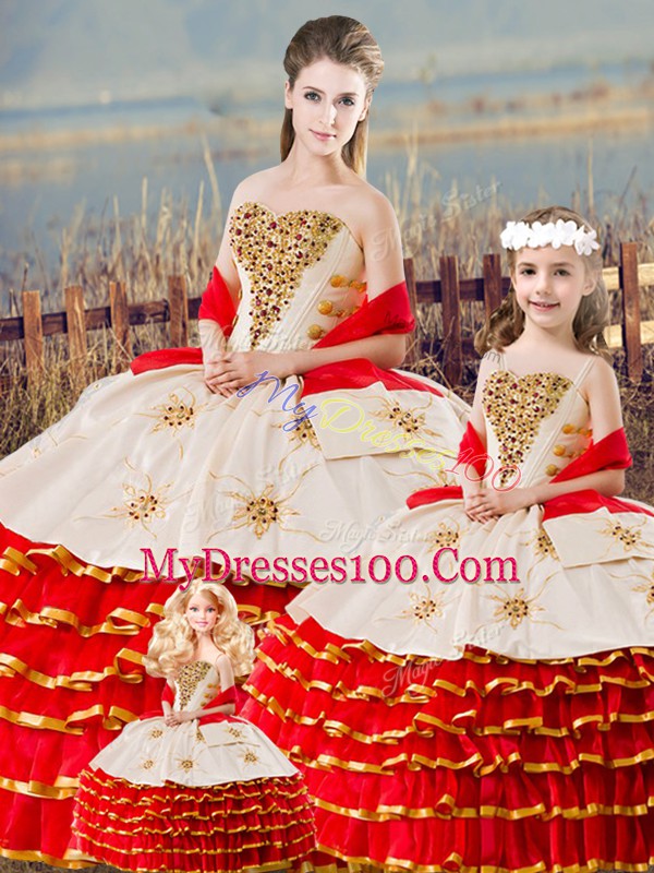 White And Red Sweetheart Lace Up Beading and Ruffled Layers Quinceanera Gowns Sleeveless