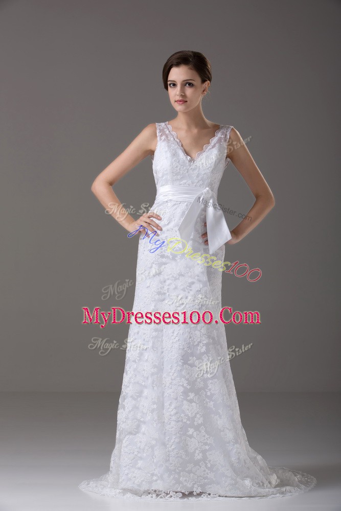 Ideal Column/Sheath Sleeveless White Wedding Dress Brush Train Backless