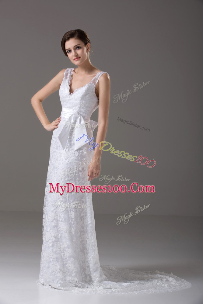 Ideal Column/Sheath Sleeveless White Wedding Dress Brush Train Backless