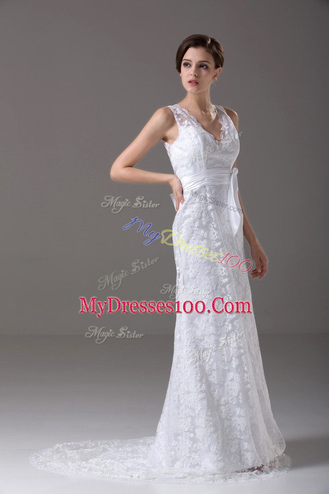 Ideal Column/Sheath Sleeveless White Wedding Dress Brush Train Backless