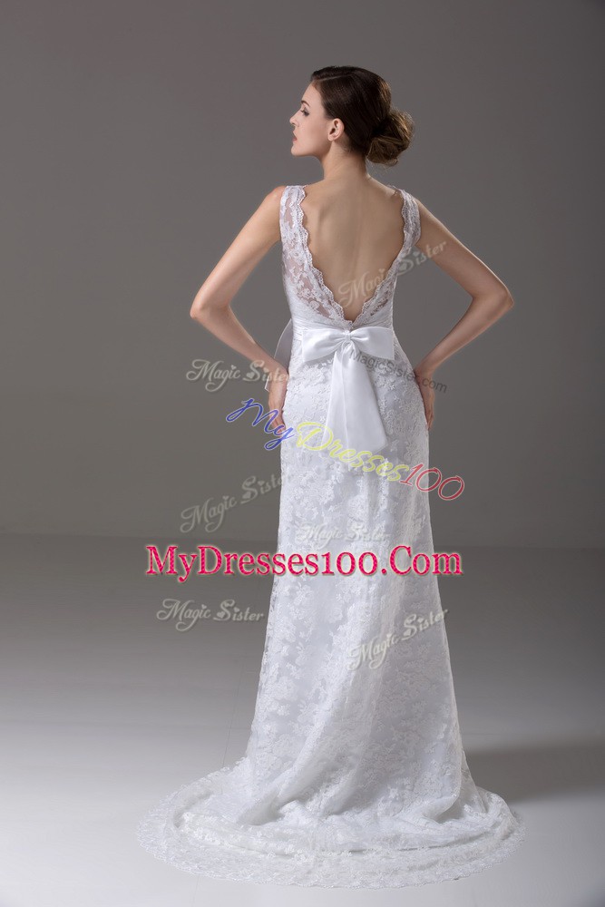 Ideal Column/Sheath Sleeveless White Wedding Dress Brush Train Backless