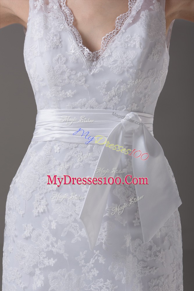 Ideal Column/Sheath Sleeveless White Wedding Dress Brush Train Backless