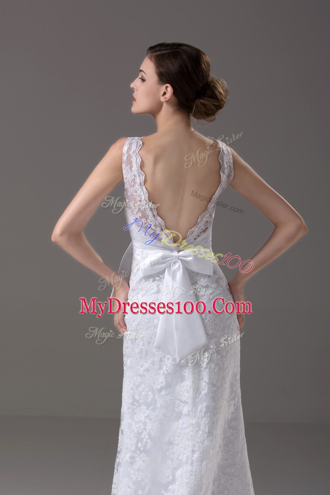 Ideal Column/Sheath Sleeveless White Wedding Dress Brush Train Backless
