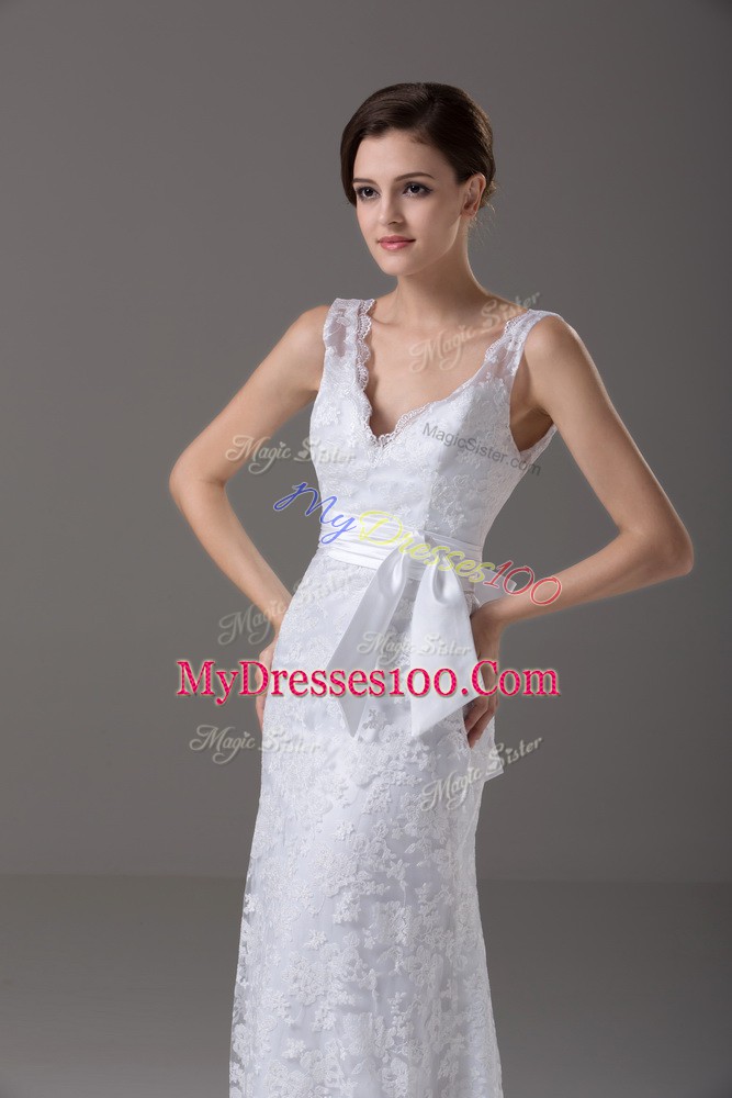 Ideal Column/Sheath Sleeveless White Wedding Dress Brush Train Backless