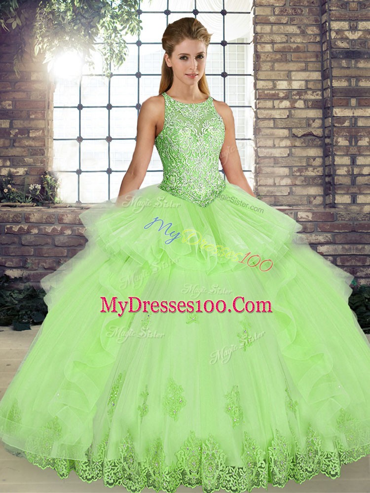 Floor Length Lace Up Sweet 16 Dresses Yellow Green for Military Ball and Sweet 16 and Quinceanera with Lace and Embroidery and Ruffles