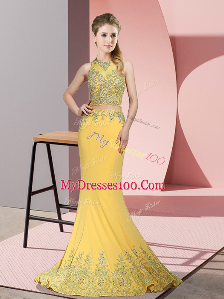Mermaid Sleeveless Gold Evening Dress Sweep Train Zipper