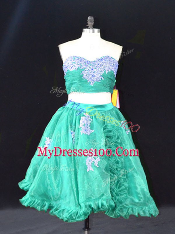Turquoise Sleeveless Appliques and Ruffles Mini Length Juniors Party Dress