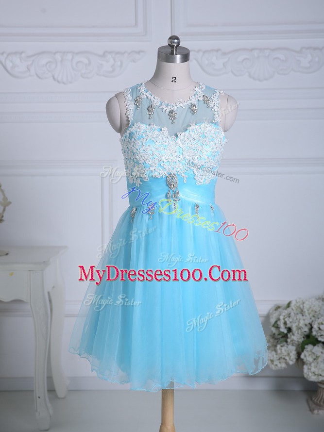 Best Aqua Blue Club Wear Prom and Party and Military Ball with Lace and Appliques Scoop Sleeveless Zipper