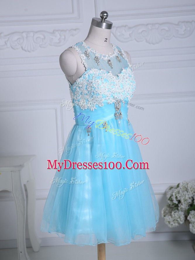 Best Aqua Blue Club Wear Prom and Party and Military Ball with Lace and Appliques Scoop Sleeveless Zipper