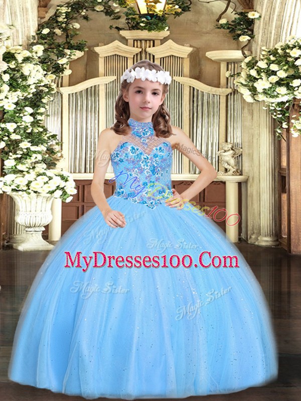 Lovely Halter Top Sleeveless Pageant Dresses Floor Length Appliques Baby Blue Tulle
