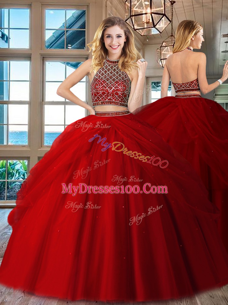 Low Price Two Pieces Quinceanera Dress Red Halter Top Tulle Sleeveless Floor Length Backless