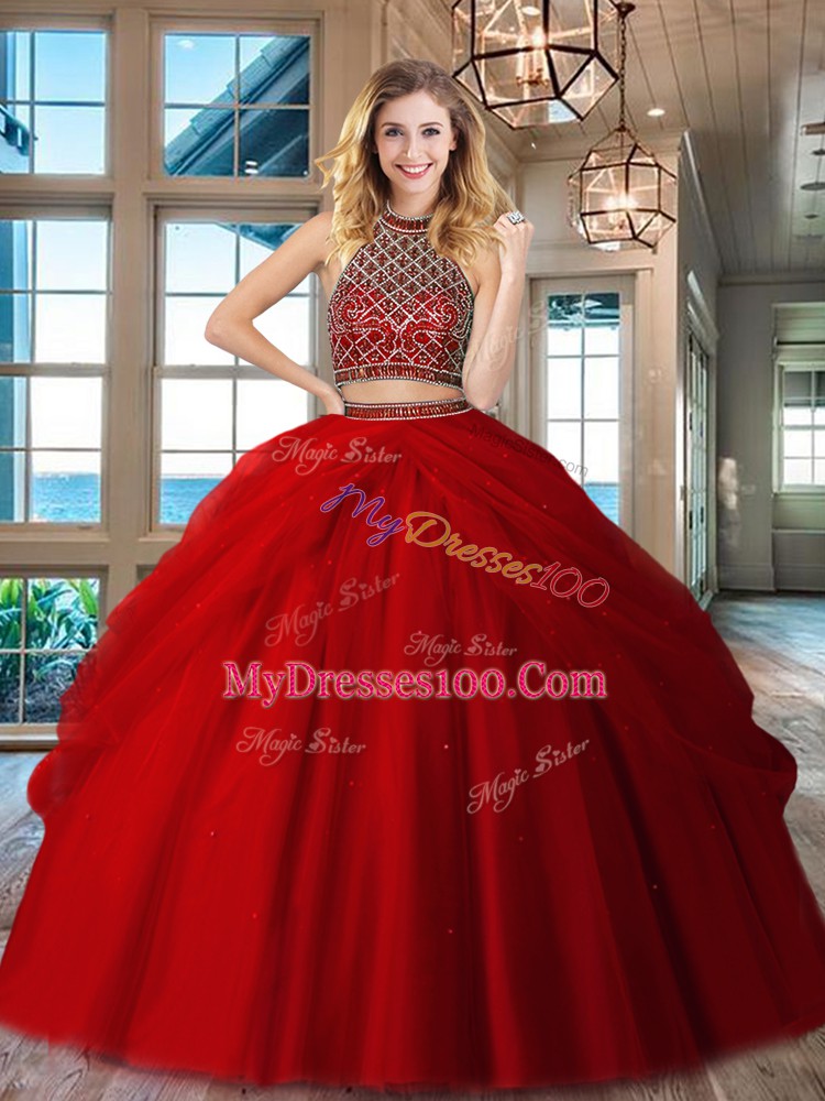 Low Price Two Pieces Quinceanera Dress Red Halter Top Tulle Sleeveless Floor Length Backless