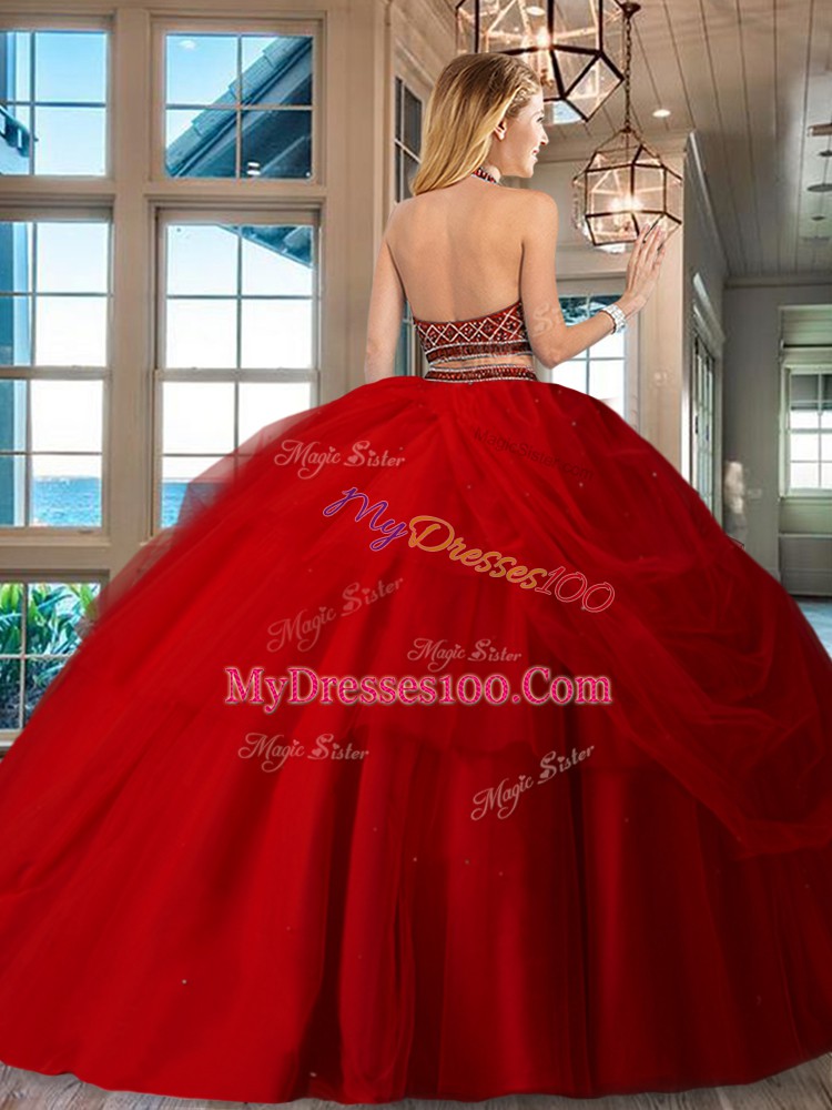 Low Price Two Pieces Quinceanera Dress Red Halter Top Tulle Sleeveless Floor Length Backless