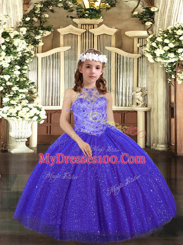 High Class Royal Blue Ball Gowns Tulle Halter Top Sleeveless Beading Floor Length Lace Up Kids Pageant Dress