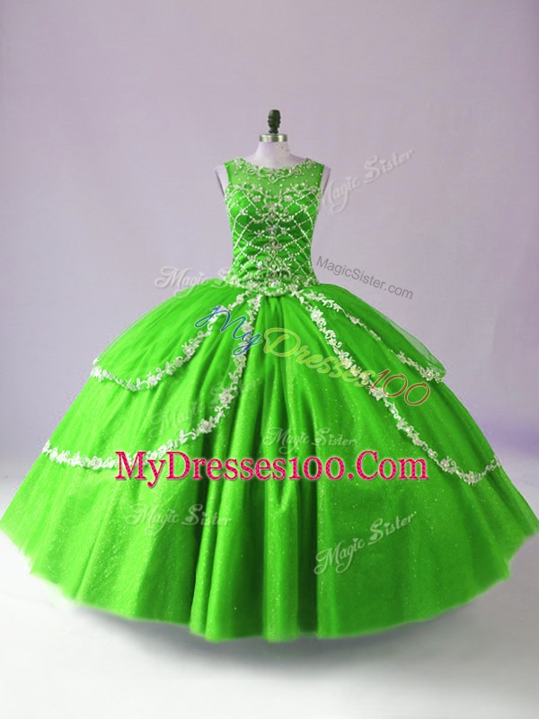 Green Scoop Zipper Beading and Appliques Quinceanera Dresses Sleeveless