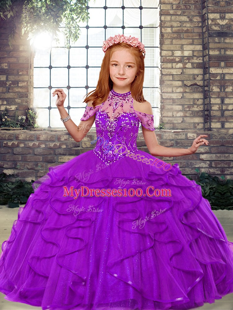 Cheap Floor Length Purple Kids Pageant Dress Tulle Sleeveless Beading and Ruffles