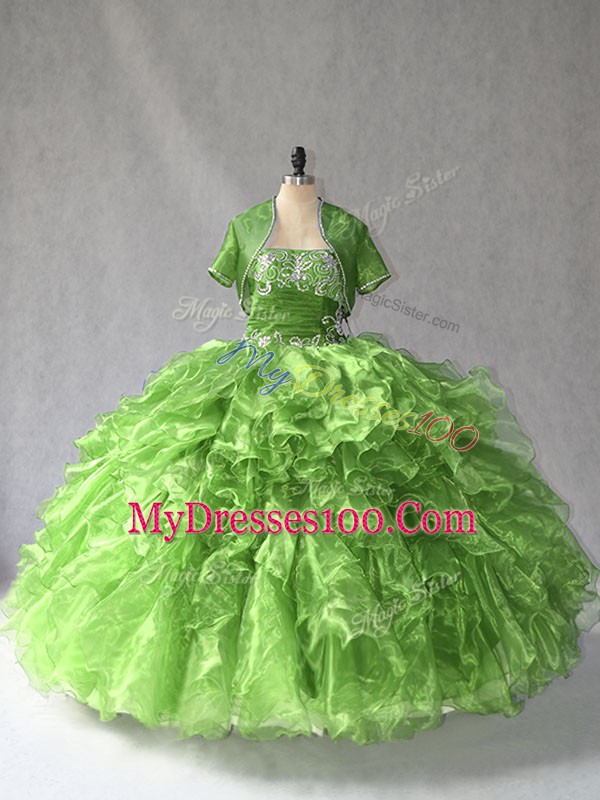 Nice Green Organza Lace Up Strapless Sleeveless Floor Length Ball Gown Prom Dress Beading and Ruffles