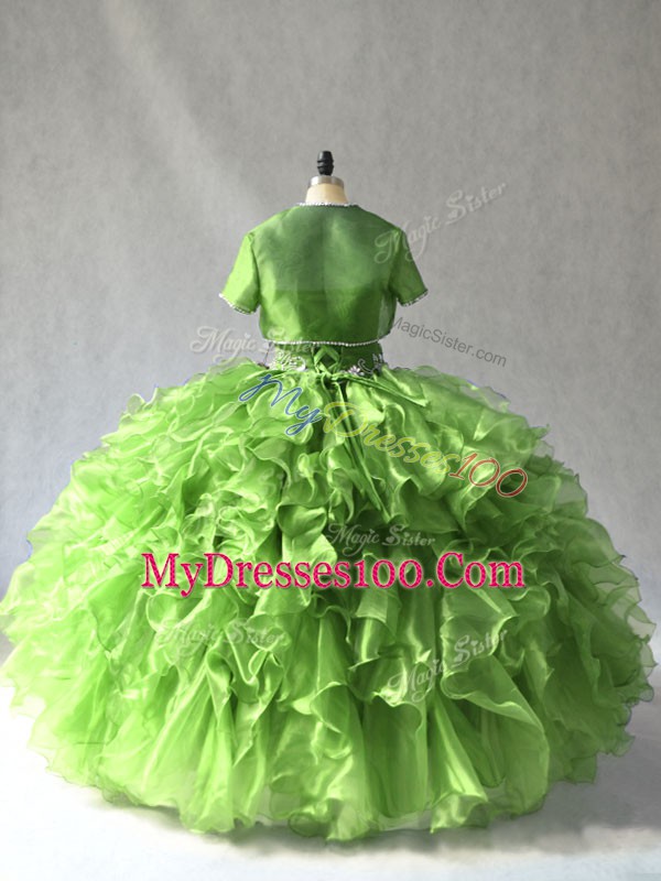 Nice Green Organza Lace Up Strapless Sleeveless Floor Length Ball Gown Prom Dress Beading and Ruffles