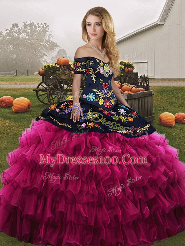 Floor Length Fuchsia Quince Ball Gowns Off The Shoulder Sleeveless Lace Up