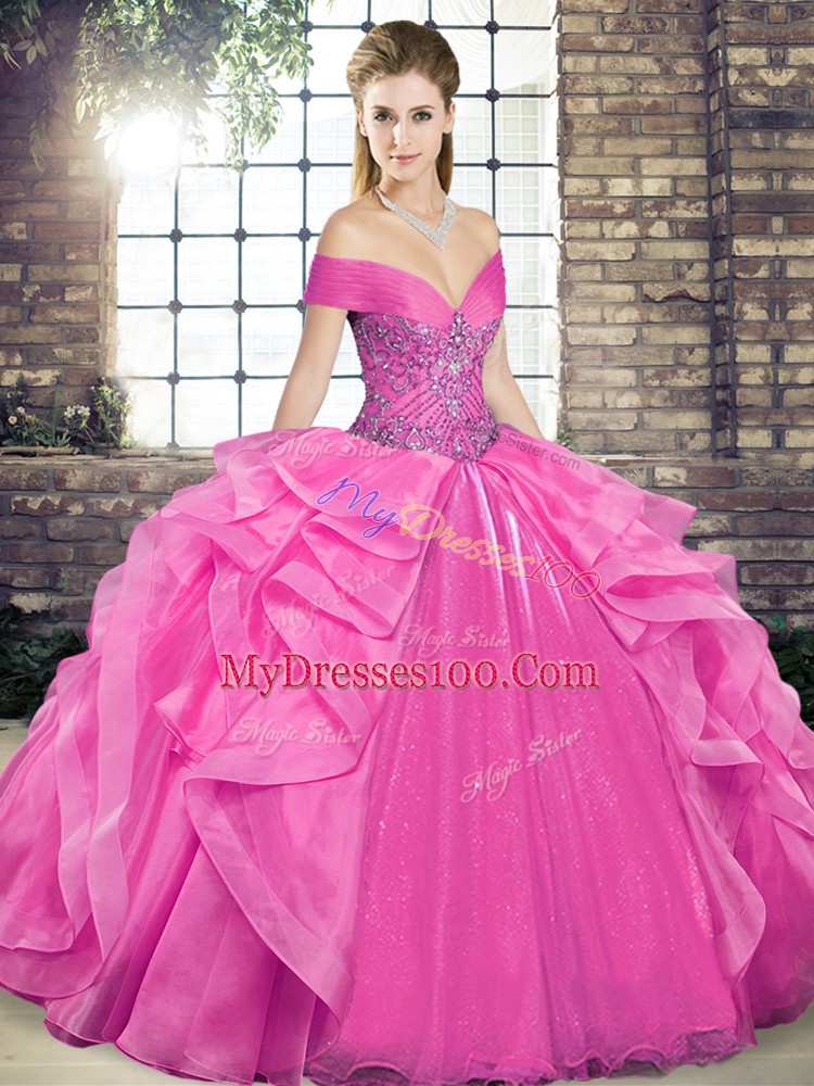 Rose Pink Off The Shoulder Neckline Beading and Ruffles Quinceanera Gowns Sleeveless Lace Up