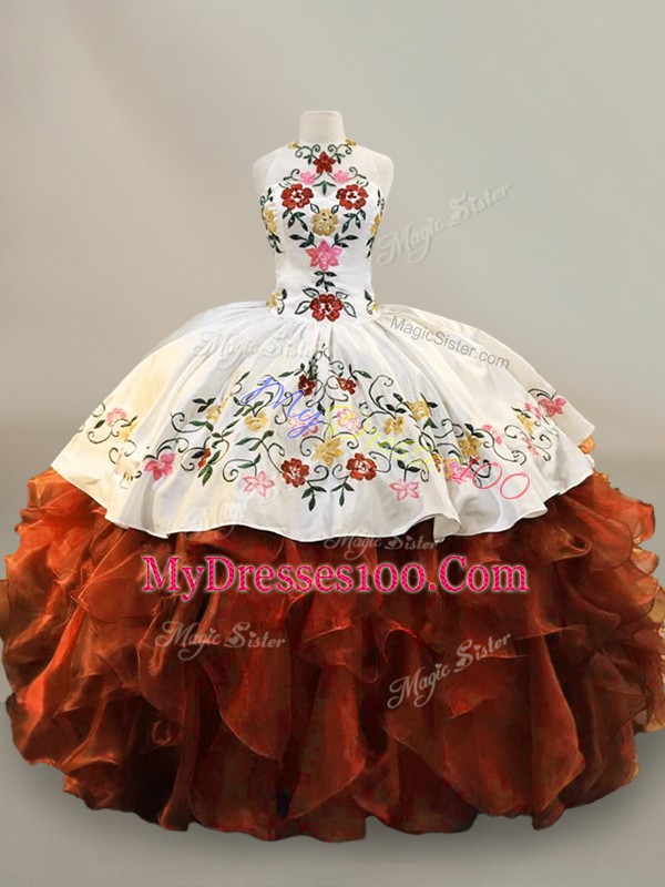 Luxurious Rust Red Halter Top Neckline Embroidery and Ruffles Sweet 16 Dress Sleeveless Lace Up
