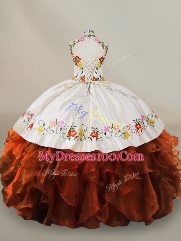 Luxurious Rust Red Halter Top Neckline Embroidery and Ruffles Sweet 16 Dress Sleeveless Lace Up
